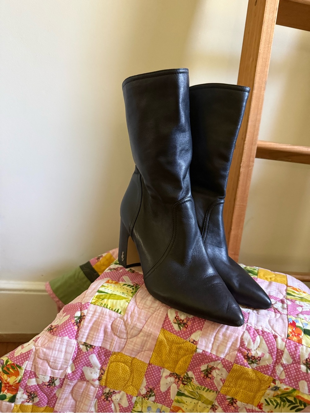 Sam Edelman Black Pointed-Toe Mid-Calf Heeled Boots